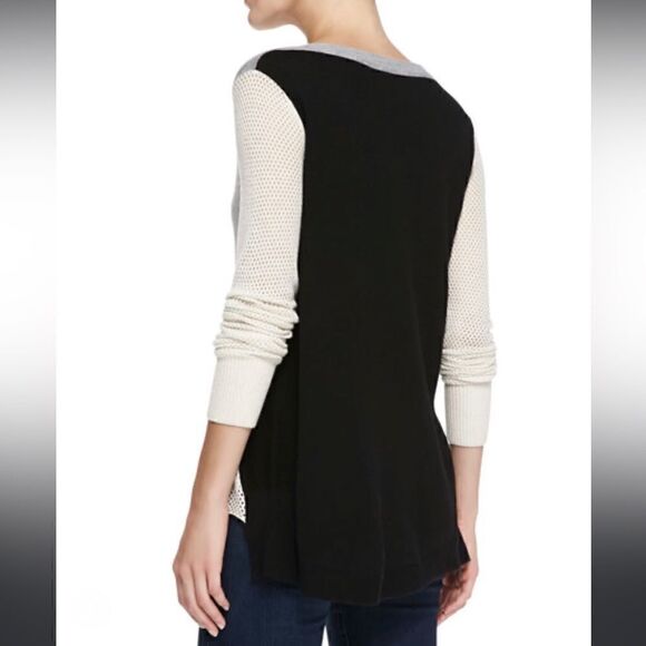 REBECCA TAYLOR Colorblock Slub/Perforated Combo Sweater Grey White Black Small - Picture 2 of 7